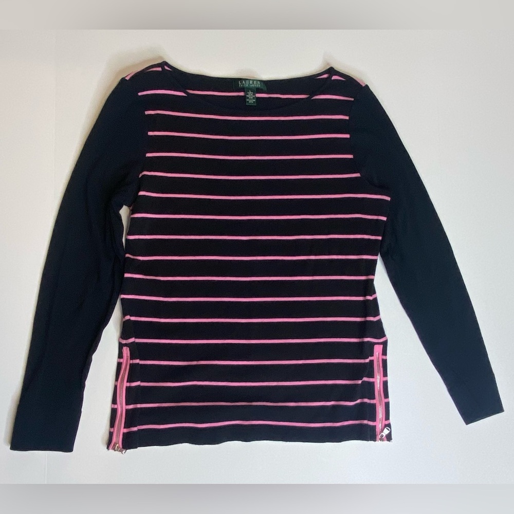 Lauren Ralph Lauren Large Pink Striped Sweater Shirt Soft Chic Preppy‎ - Picture 12 of 14